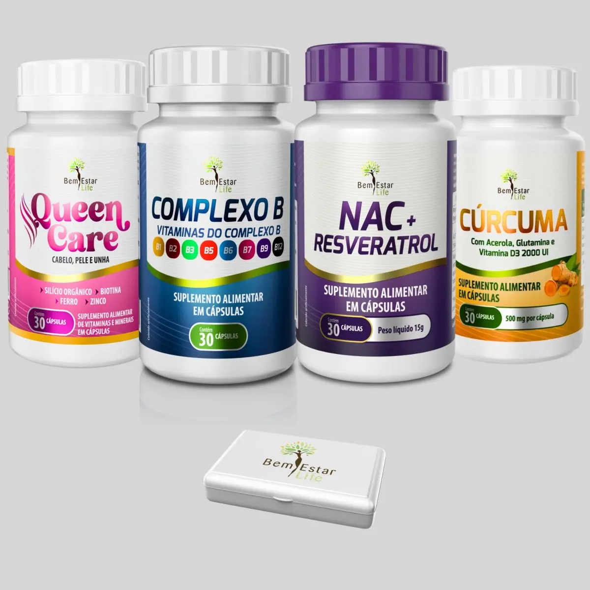 KIT CANETA: COMPLEXO B 30 CAPS. - CURCUMA 30 CAPS - QUEEN CARE 30 CAPS (CABELO E UNHA) - NAC + RESVERATROL 30 CAPS.