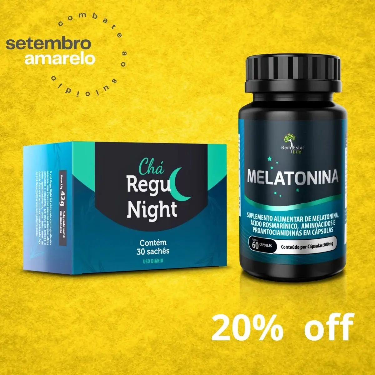 KIT 20% DESCONTO MELATONINA COM TRIPTOFANO 60 CAPS. + CHA REGU NIGHT 30 SACHE