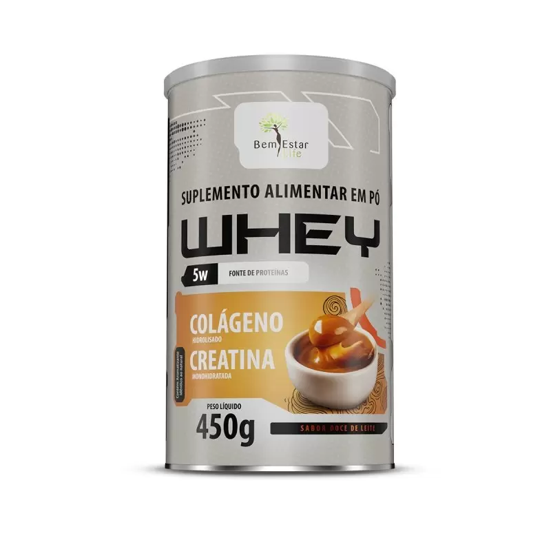 WHEY 5W 450G. Com Colágeno + Creatina, *Sabor Doce de Leite*