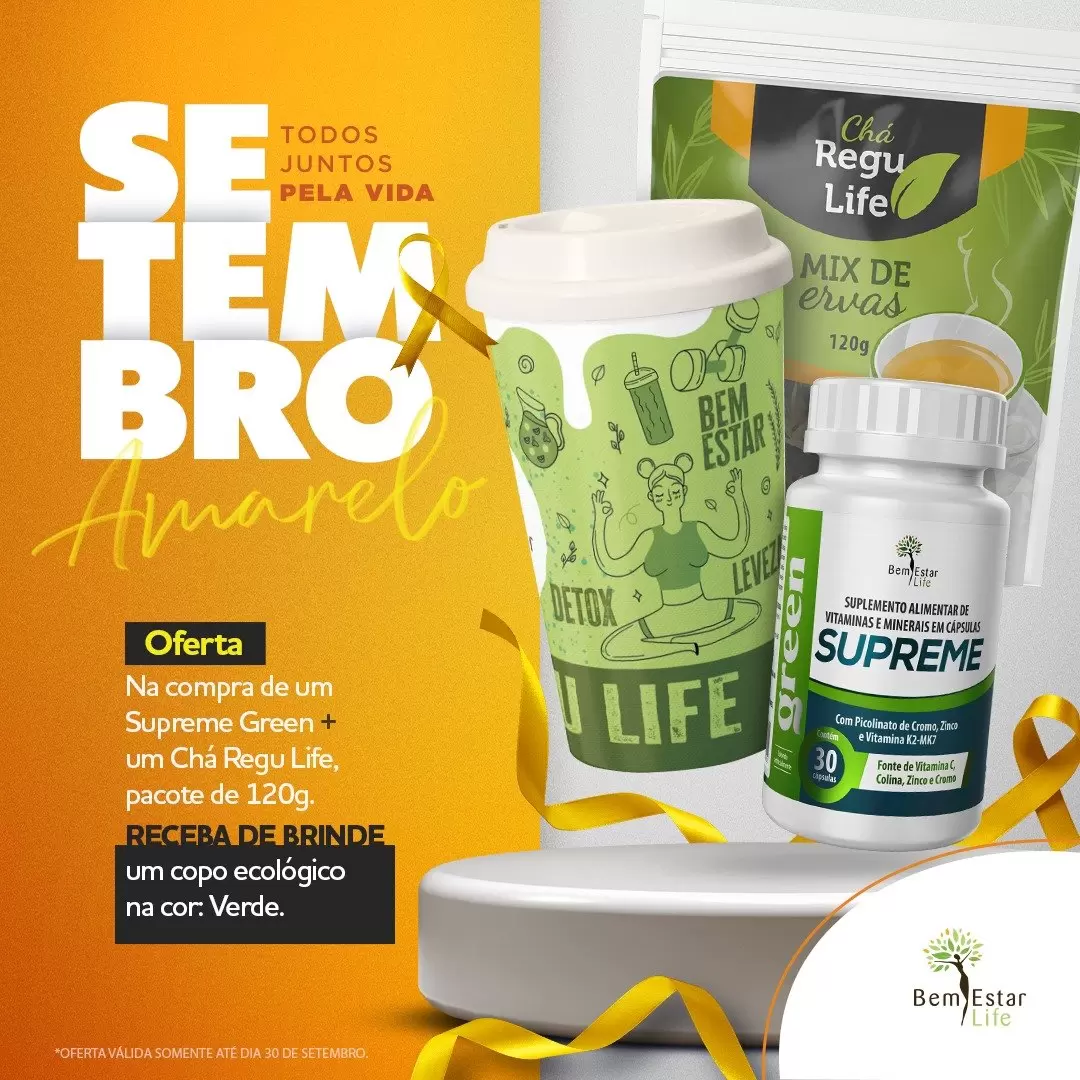 NA COMPRA SUPREME GREEN 30 CAPS + CHÁ REGU LIFE PACOTE - BRINDE COPO ECOLOGICO COR VERDE 550ML