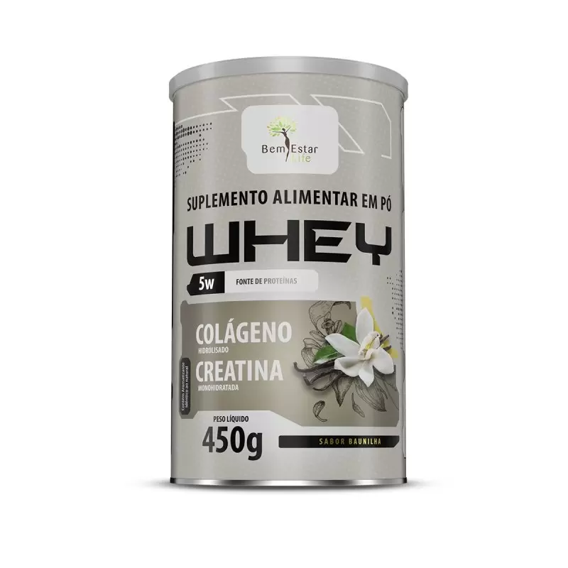 WHEY 5W 450G. Com Colágeno + Creatina, *Sabor Baunilha*