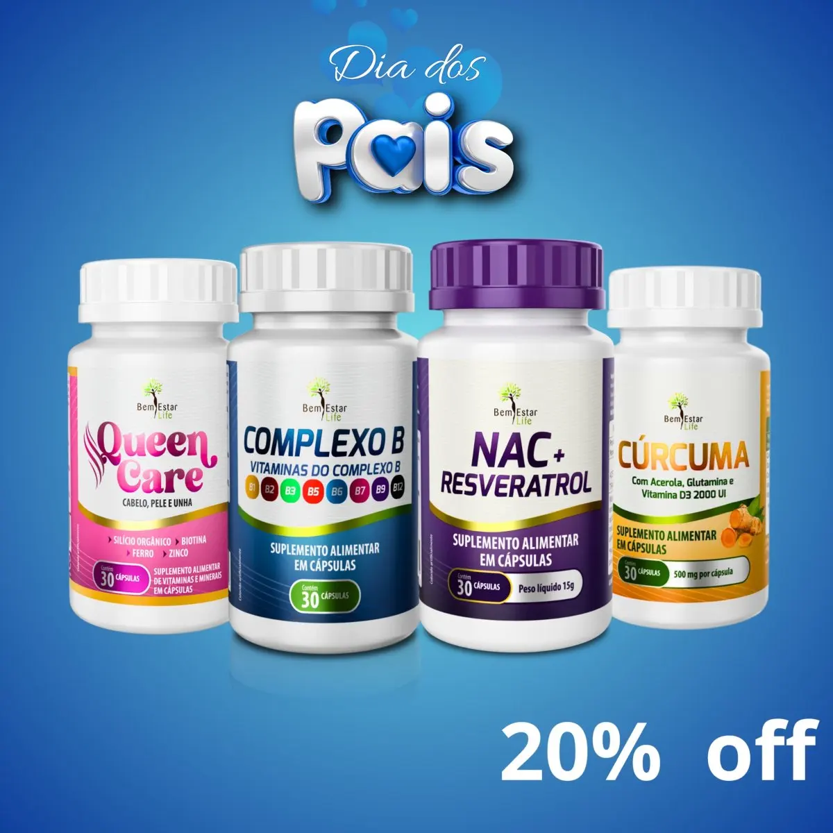 OFERTA: KIT 20% DSCTO CANETA: COMPLEXO B 30 CAPS. - CURCUMA 30 CAPS - QUEEN CARE 30 CAPS (CABELO E UNHA) - NAC + RESVERATROL 30 CAPS.